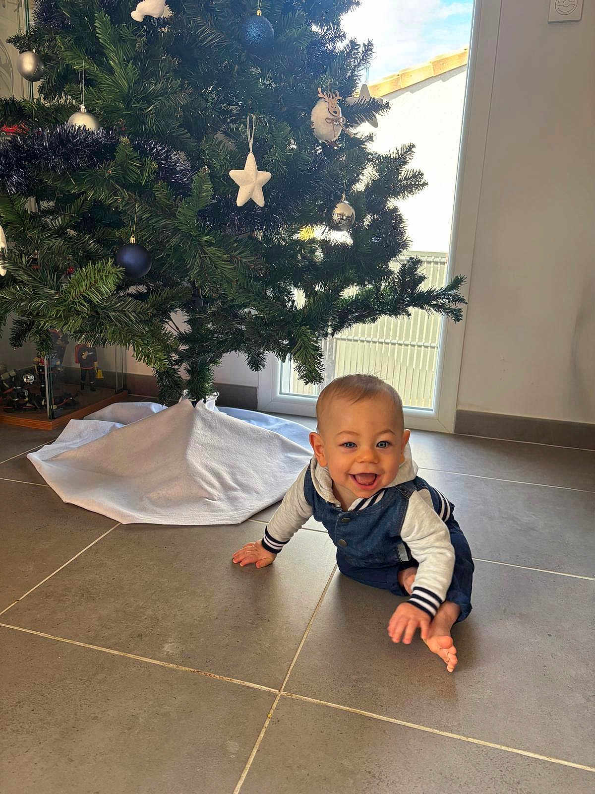 Malo participe au concours pour gagner de l'argent avec cette photo : baby, child, crawling, floor, tile, christmas_tree, ornaments, decorations, window, natural_light, indoor, smiling, happy, clothing, hoodie, denim, holiday, festive, home, person