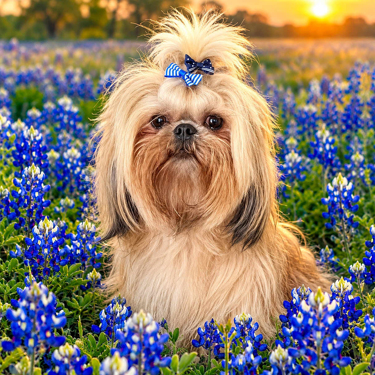 Jagger is registered to the contest to win money with this photo: dog, shih_tzu, fluffy, long_hair, bow_tie, bluebonnets, wildflowers, flower_field, sunset, outdoor, portrait, pet, cute, serious_expression, groomed, small_dog, sitting, nature, colorful, close_up