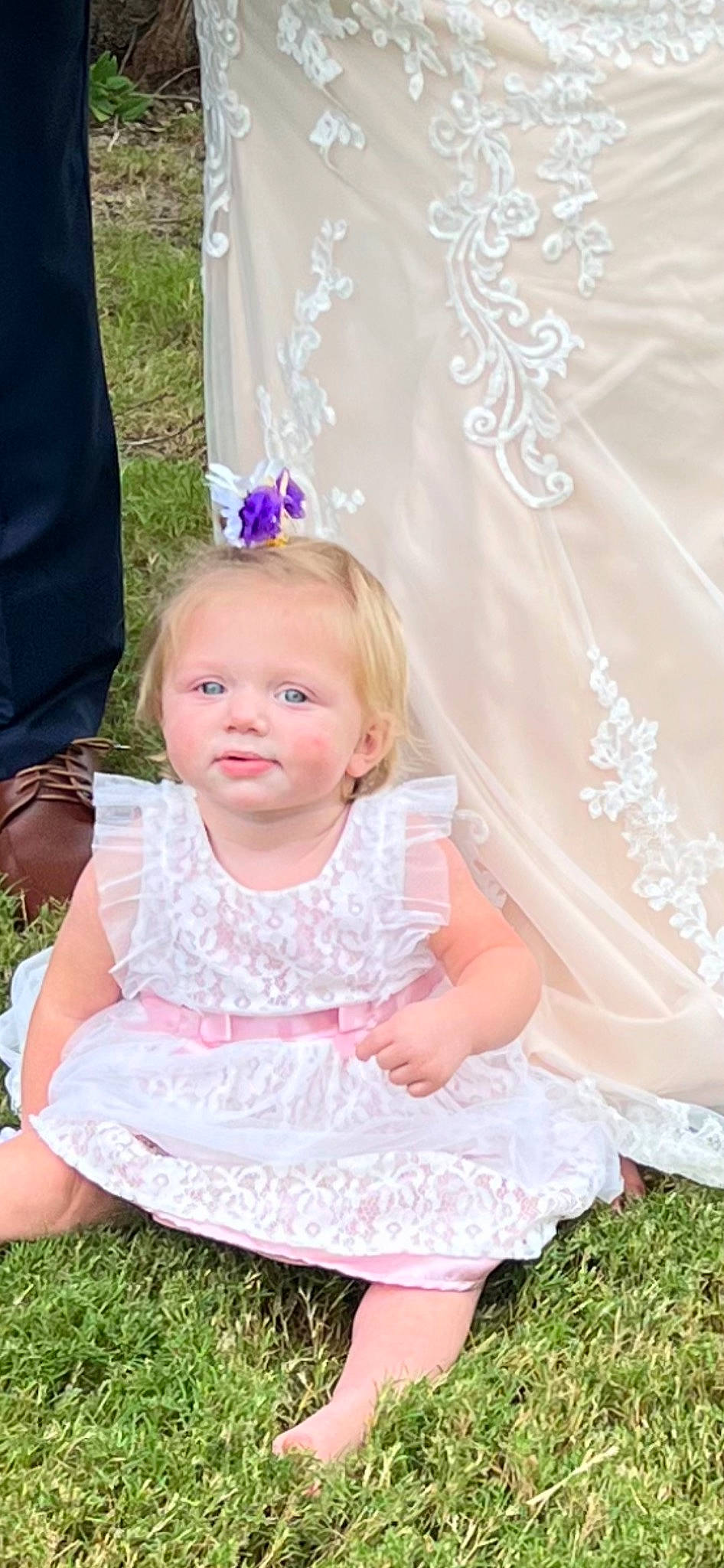 Ansley joined the competition — help win amazing prizes! baby, baby_toddler_clothing, blond, bridal_accessory, bridal_clothing, child, dress, embellishment, event, formal_wear, fun, grass, happy, headpiece, jewellery, pattern, person, pink, purple, toddler