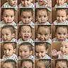 Aaliyah joined the competition — help win amazing prizes! baby, child, infant, portrait, close_up, contact_sheet, face, expressive, smiling, laughing, winking, surprised, happy, curious, seated, indoors, brown_background, onesie, dark_hair, collage