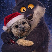 Tzuna participe au concours pour gagner de l'argent avec cette photo : animal, cartoon_wolf, celebration, christmas, cozy, cute, dog, eyes, festive_sweater, friendship, fur, holiday, hug, night, outdoor, santa_hat, smile, snow, warmth, winter