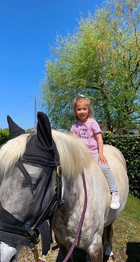 élyna a rejoint le concours — aidez-le/la à gagner de superbes lots ! bit, bridle, equestrianism, grass, hair, horse, horse_supplies, horse_tack, joy, landscape, leisure, mane, person, plant, recreation, rein, saddle, sky, snout, toddler