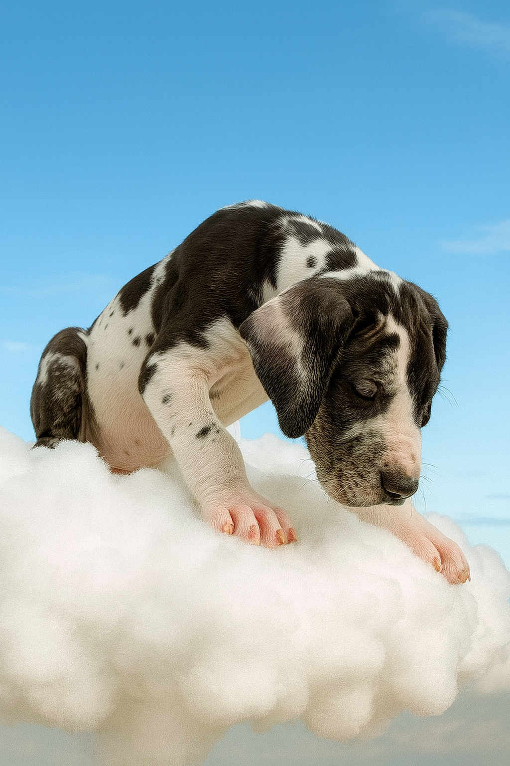 Levi is registered to the contest to win money with this photo: puppy, dog, spotted_dog, cloud, fluffy, sky, blue_sky, outdoor, cute, animal, young_dog, pet, whimsical, surreal, playful, fur, snout, ears, paws, nature