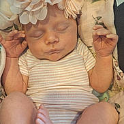 Macie is registered to the contest to win money with this photo: baby, sleeping, flower_headband, striped_onesie, blanket, infant, hands, feet, cozy, closeup, cute, newborn, soft, peaceful, child, portrait, resting, floral_pattern, car_seat, adorable