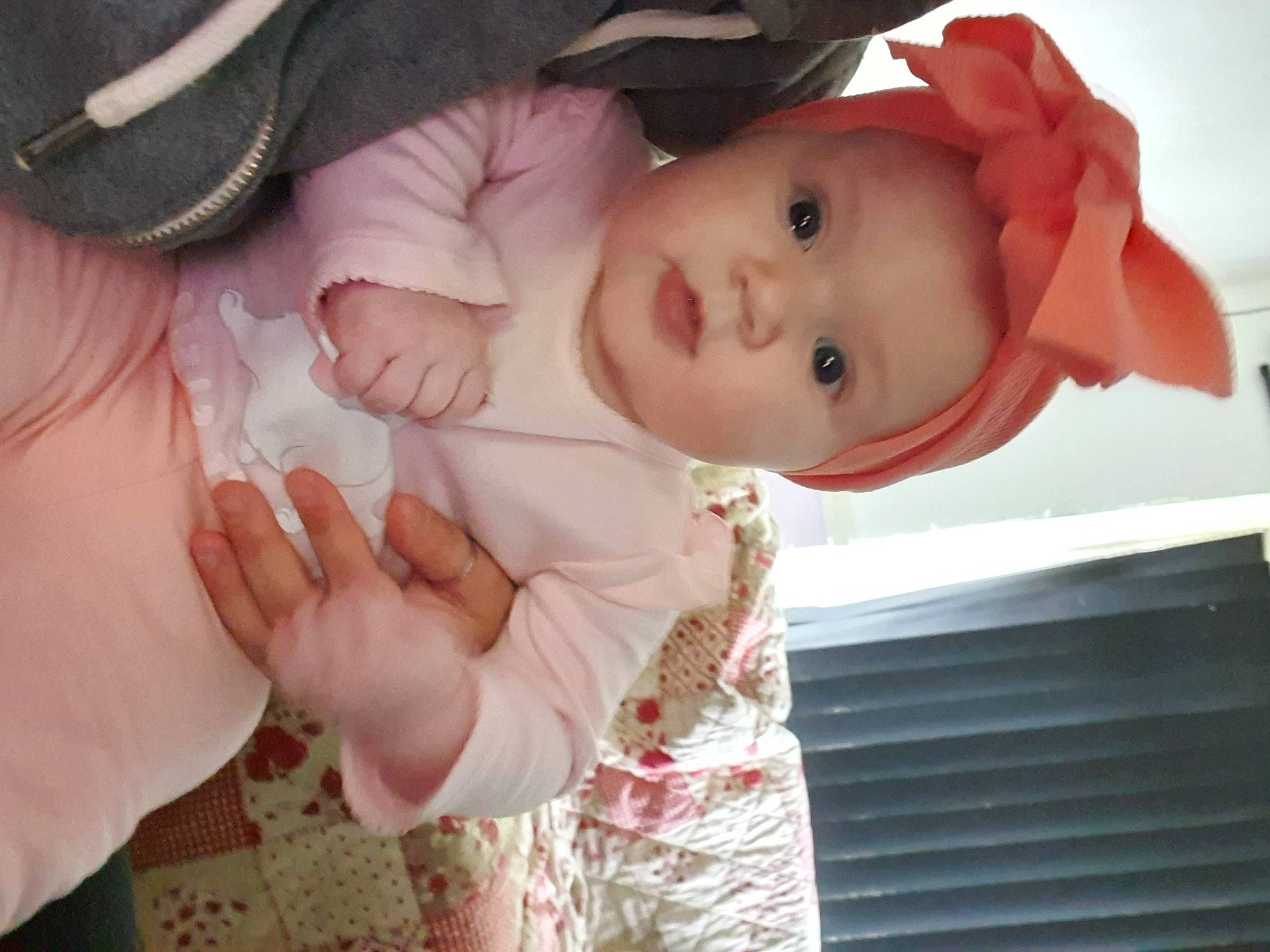 Harper Mae joined the competition — help win amazing prizes! baby, cheek, child, eye, finger, hand, head, headwear, lip, mouth, nose, person, pink, skin, smile, thumb, toddler