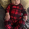 Kamiya is registered to the contest to win money with this photo: baby, infant, child, portrait, sitting, couch, pillow, blanket, plaid, red_clothing, black_clothing, wide_eyed, smiling, indoor, home, furniture, close_up, baby_outfit, hands, photography