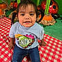 toddler, child, girl, pigtails, smile, picnic_blanket, checkered, jeans, tshirt, indoor, decorations, carrots, ladybug, green_background, playful, cute, portrait, seated, happy, curious