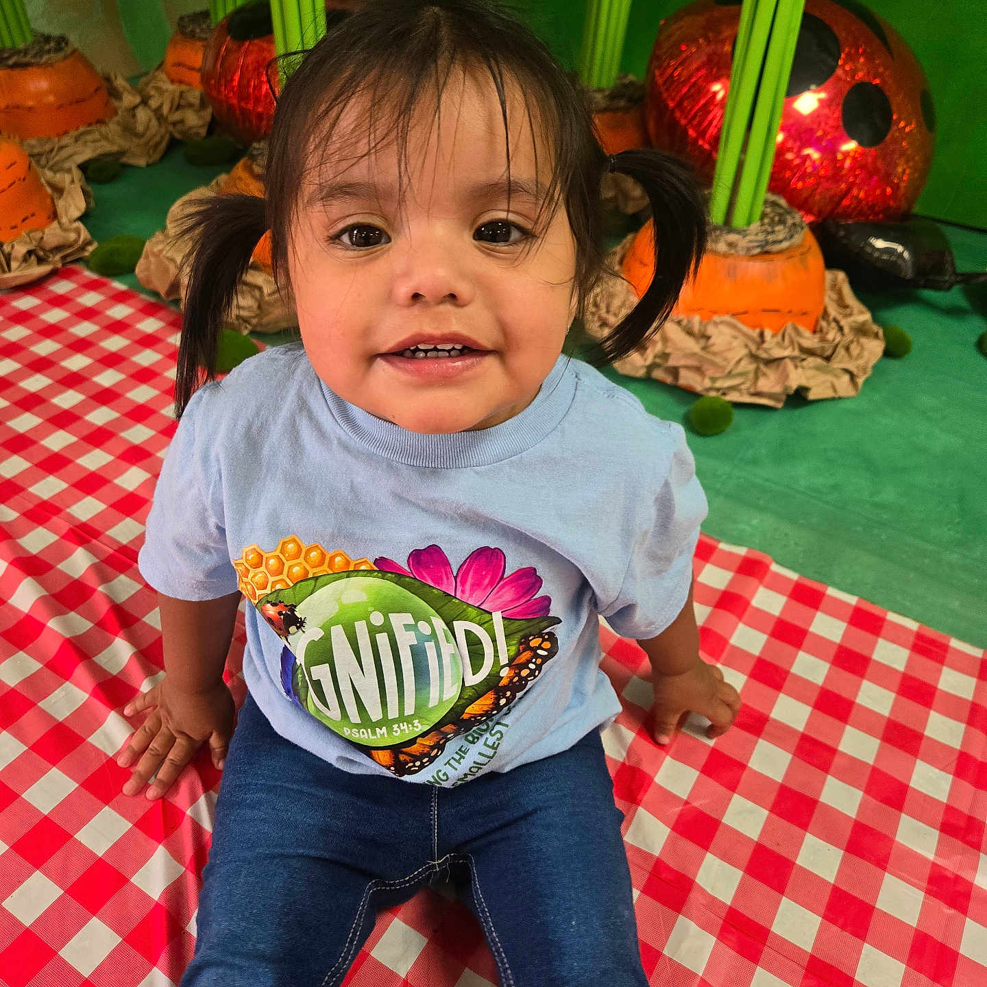 Gema is registered to the contest to win money with this photo: carrots, checkered, child, curious, cute, decorations, girl, green_background, happy, indoor, jeans, ladybug, picnic_blanket, pigtails, playful, portrait, seated, smile, toddler, tshirt