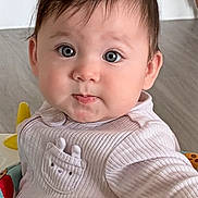 Aylani is registered to the contest to win money with this photo: baby, baby_seat, bear_patch, child, closeup, clothing, colorful, curious, cute, expression, eyes, face, floor, indoor, infant, person, portrait, sweater, wooden_furniture, young