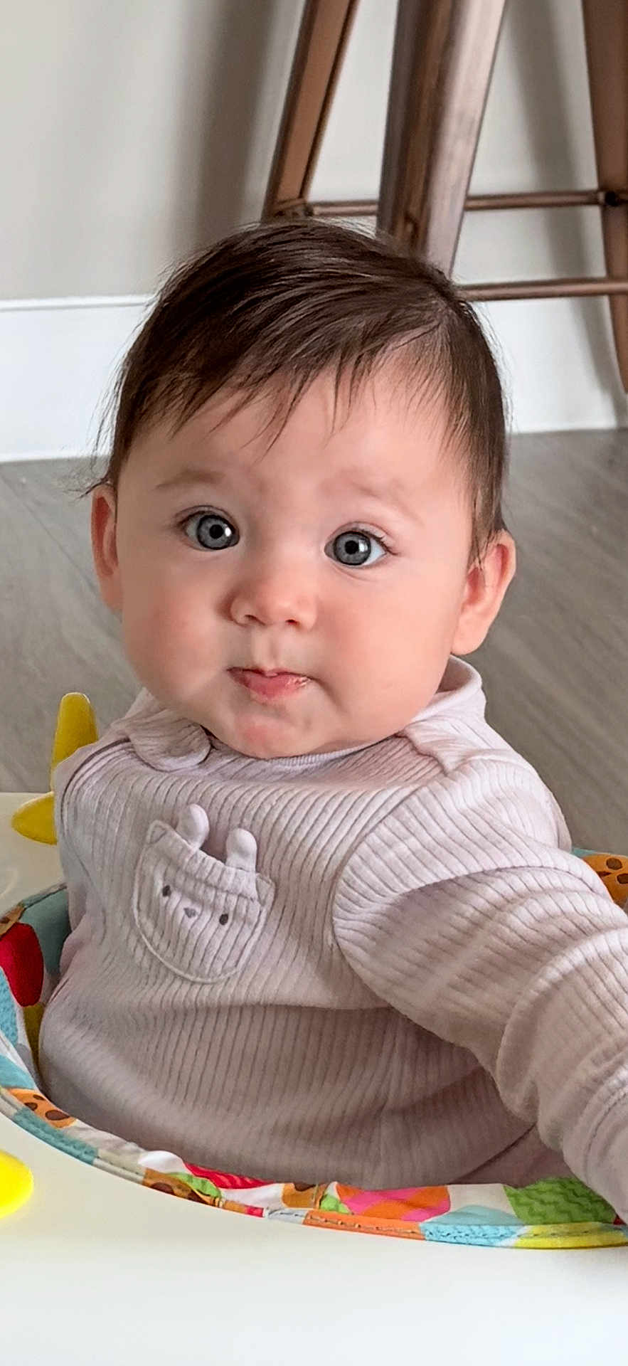 Aylani is registered to the contest to win money with this photo: baby, baby_seat, bear_patch, child, closeup, clothing, colorful, curious, cute, expression, eyes, face, floor, indoor, infant, person, portrait, sweater, wooden_furniture, young