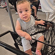 Mathias is registered to the contest to win money with this photo: baby, shopping_cart, child, store, aisle, person, clothing, footwear, floor, hand, face, expression, shopping, retail, casual_wear, seat, black, gray, indoor, people