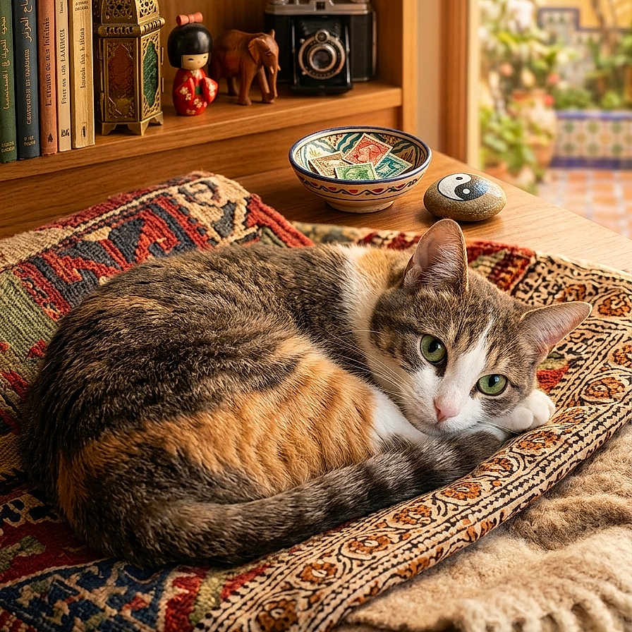 Nala a rejoint le concours — aidez-le/la à gagner de superbes lots ! cat, calico_cat, pet, animal, curled_up, lying_down, green_eyes, indoors, cozy, rug, carpet, blanket, bookshelf, books, camera, decor, bowl, ornament, sunlight, home_decor