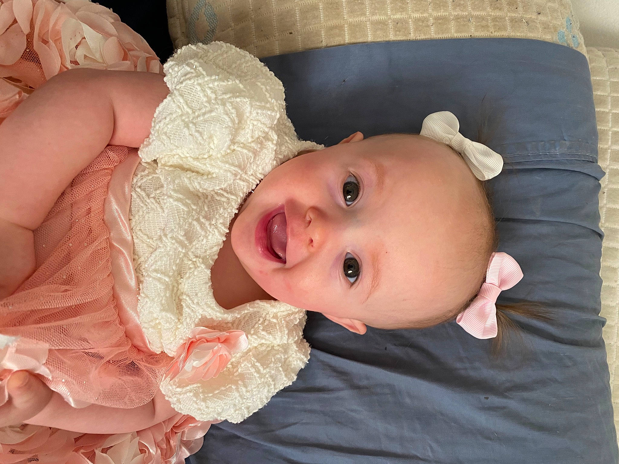 Lilyana joined the competition — help win amazing prizes! baby, baby_products, baby_toddler_clothing, cheek, child, comfort, dress, embellishment, happy, iris, pattern, peach, person, skin, sleeve, smile, textile, toddler, wood
