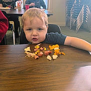 Isaiah joined the competition — help win amazing prizes! toddler, child, food, table, indoor, people, window, chairs, stacked_chairs, blond_hair, casual_clothing, meal, snack, curious_expression, background, daylight, young_child, two_people, sitting, conversation