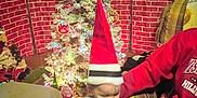 Isaiah joined the competition — help win amazing prizes! toddler, child, santa_hat, christmas_tree, holiday_decorations, lights, adult_hand, armchair, cozy_room, brick_wall, festive, holiday, indoor, person, clothing, sitting, celebration, home, holding, red_sweater
