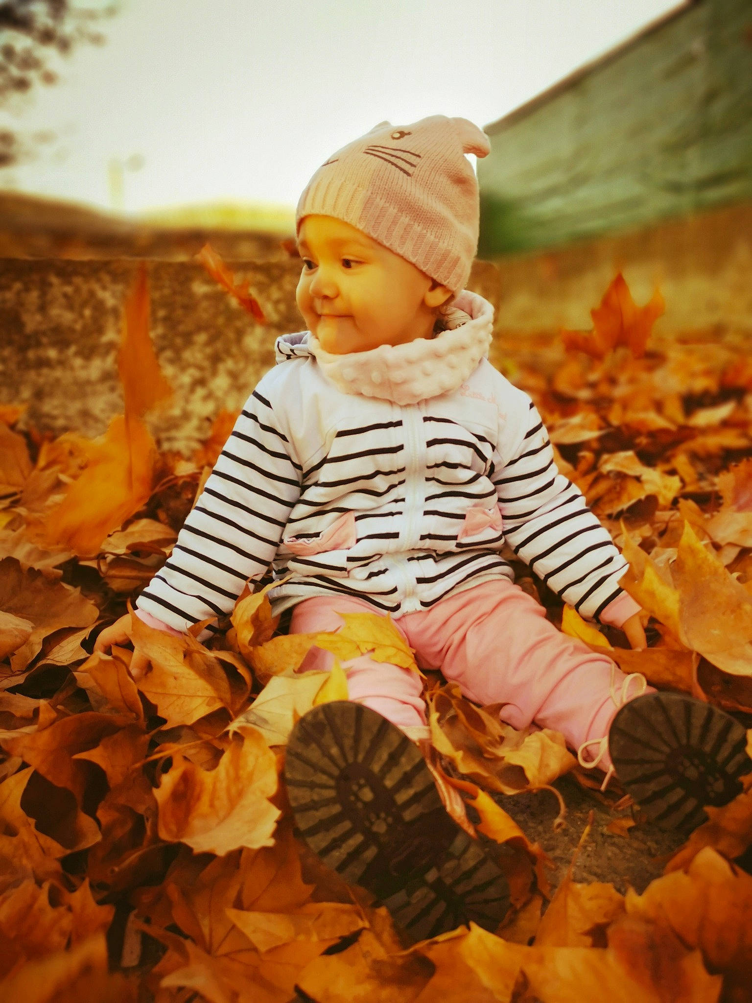 Soana participe au concours pour gagner de l'argent avec cette photo : autumn, baby, child, headwear, leaf, person, photography, sitting, smile, stock_photography, toddler, yellow