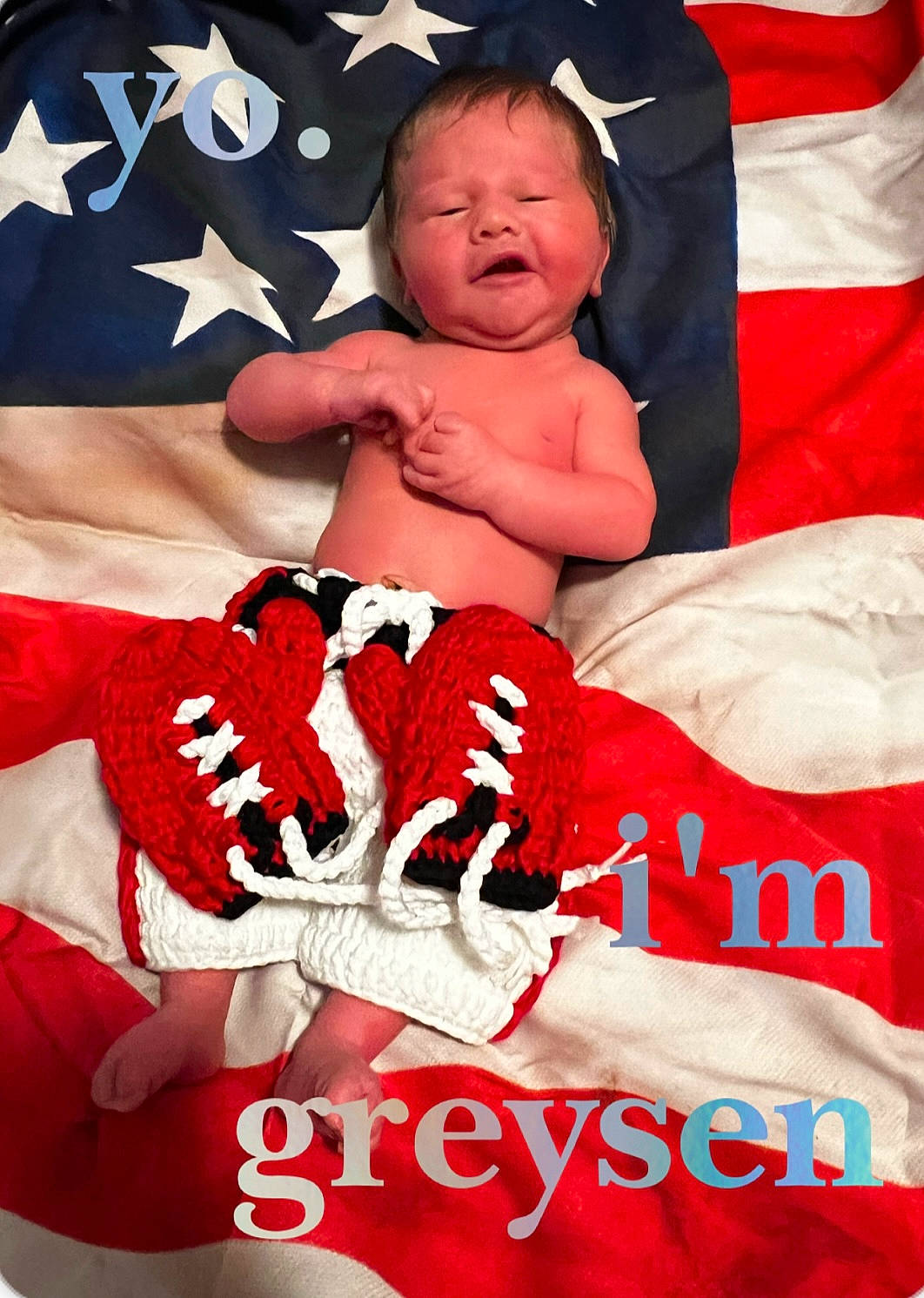 Greysen is registered to the contest to win money with this photo: abdomen, baby, baby_sleeping, baby_toddler_clothing, carmine, child, comfort, event, fashion_accessory, finger, flag_of_the_united_states, font, happy, linens, pattern, person, red, textile, thigh, toddler