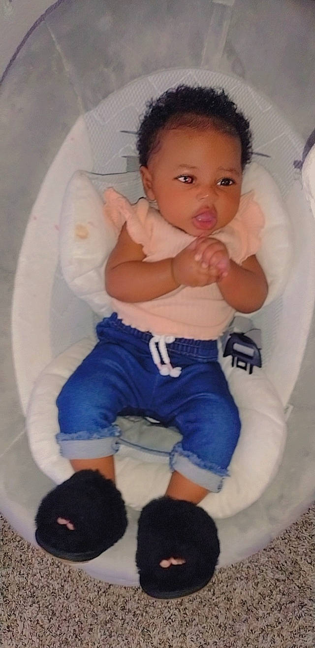 Adoree is registered to the contest to win money with this photo: baby, baby_toddler_clothing, cheek, chest, eye, finger, hairstyle, hand, head, human_body, joint, leg, mouth, nail, nose, person, skin, sleeve, stomach, thumb