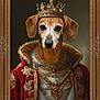 Truf a rejoint le concours — aidez-le/la à gagner de superbes lots ! aristocratic_style, brown_background, canvas_texture, centered_subject, collar, crown, decorative_details, dog, ears, eyes, gold_frame, indoor, jewels, nose, ornate_frame, painting, portrait, royal_garment, signature, velvet
