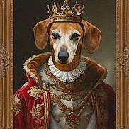 Truf a rejoint le concours — aidez-le/la à gagner de superbes lots ! artwork, canine, canvas, crown, decorative, dog, formal, gilded_frame, gold, indoor, jewelry, ornate_frame, painting, portrait, red_robe, regal_clothing, royal, ruff_collar, vintage, wall_decor