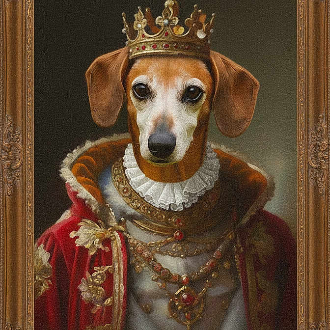 Truf a rejoint le concours — aidez-le/la à gagner de superbes lots ! artwork, canine, canvas, crown, decorative, dog, formal, gilded_frame, gold, indoor, jewelry, ornate_frame, painting, portrait, red_robe, regal_clothing, royal, ruff_collar, vintage, wall_decor