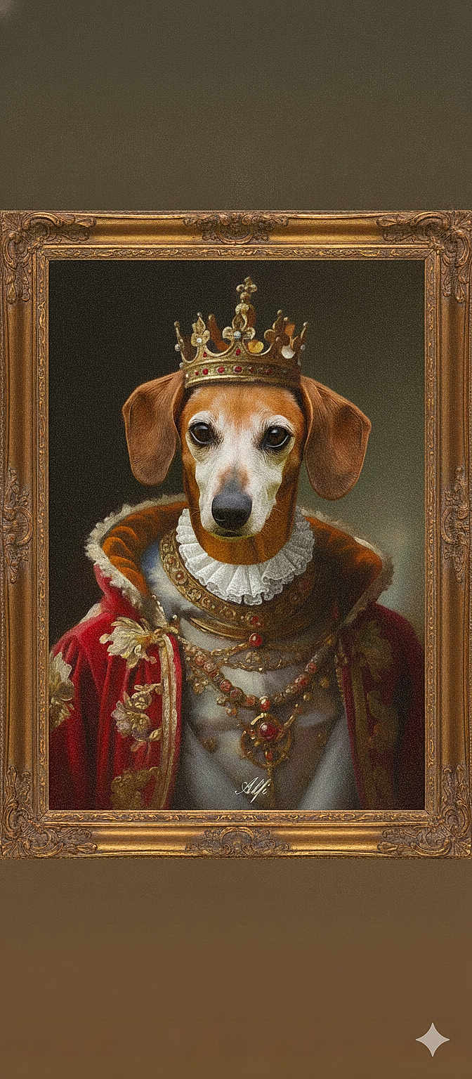 Truf a rejoint le concours — aidez-le/la à gagner de superbes lots ! artwork, canine, canvas, crown, decorative, dog, formal, gilded_frame, gold, indoor, jewelry, ornate_frame, painting, portrait, red_robe, regal_clothing, royal, ruff_collar, vintage, wall_decor