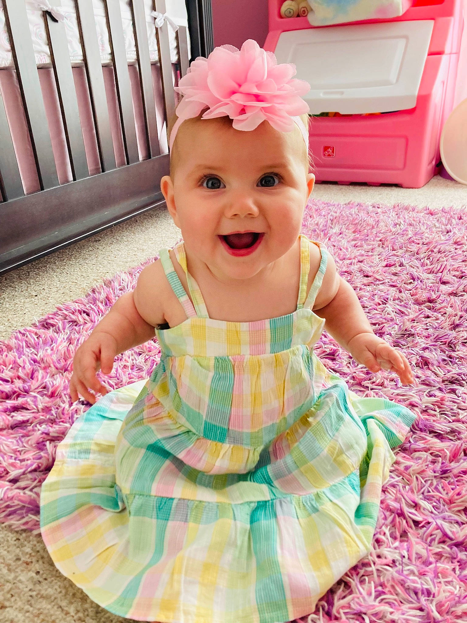 Alexis is registered to the contest to win money with this photo: baby, baby_toddler_clothing, beauty, child, design, dress, flower, happy, headgear, headwear, joy, magenta, pattern, person, pink, product, purple, skin, sleeve, smile