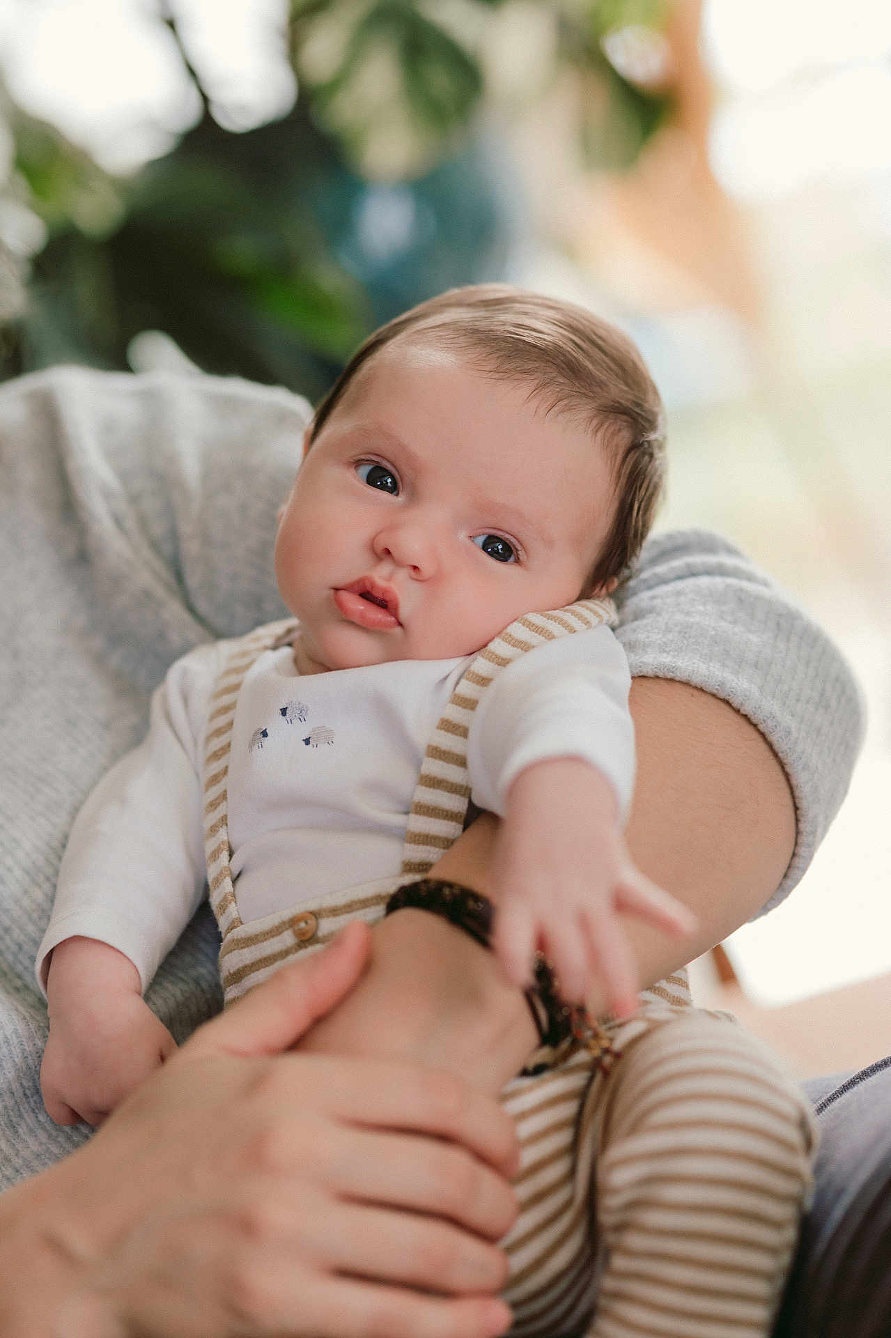 Achile a rejoint le concours — aidez-le/la à gagner de superbes lots ! baby, infant, child, person, human, face, arms, clothing, striped_outfit, white_shirt, sheep_design, holding, closeup, indoor, soft_light, skin, cute, expression, portrait, young
