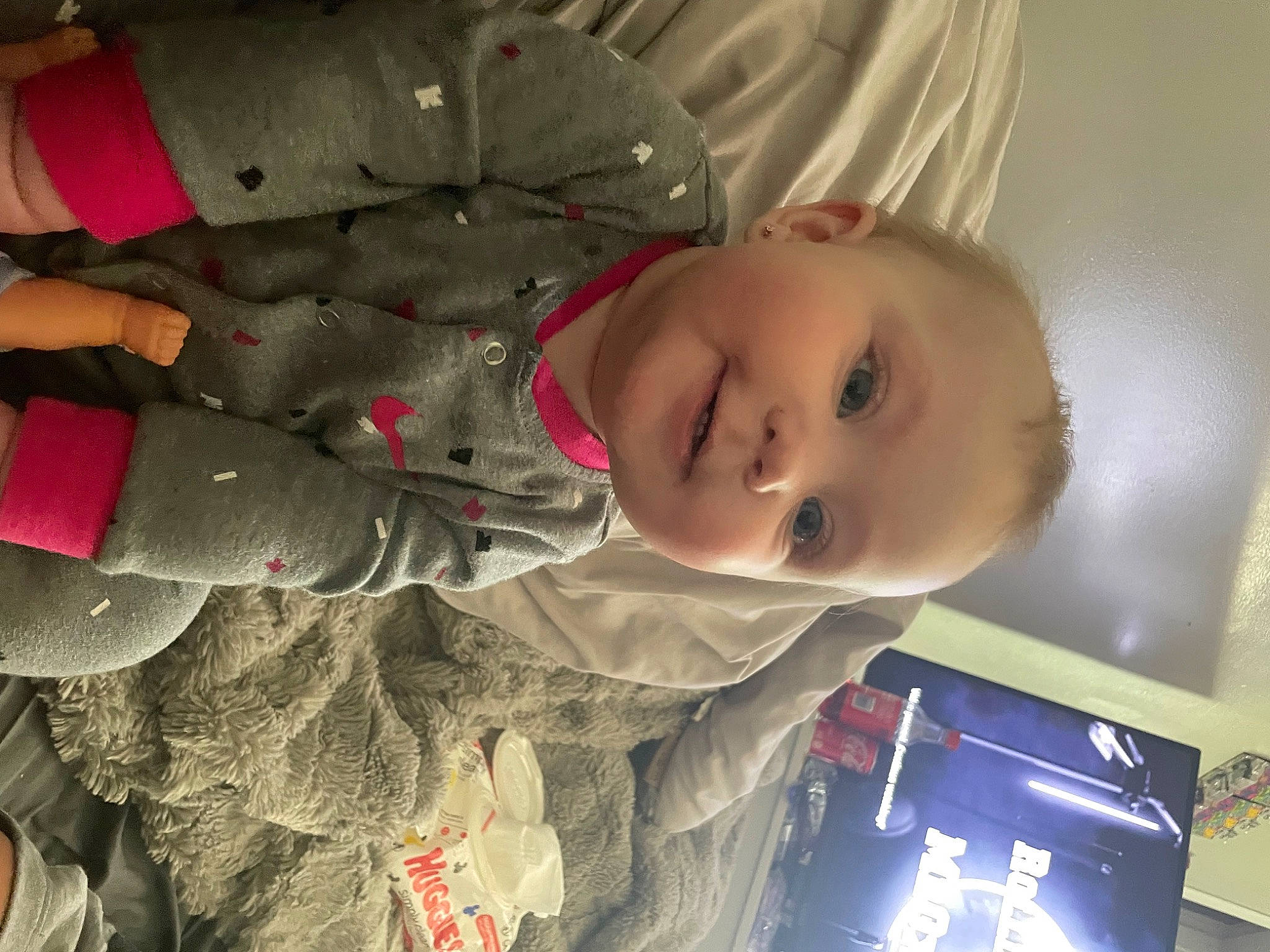 Brynlee joined the competition — help win amazing prizes! baby, baby_products, baby_toddler_clothing, cheek, child, comfort, fun, happy, mouth, nose, pattern, person, portrait_photography, room, sitting, skin, sleeve, smile, toddler