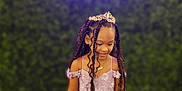 Milanie is registered to the contest to win money with this photo: braids, celebration, child, cute, dress, event, fashion, girl, green_background, happy, indoor, lavender, neon_sign, portrait, princess, red_carpet, smile, standing, tiara, young