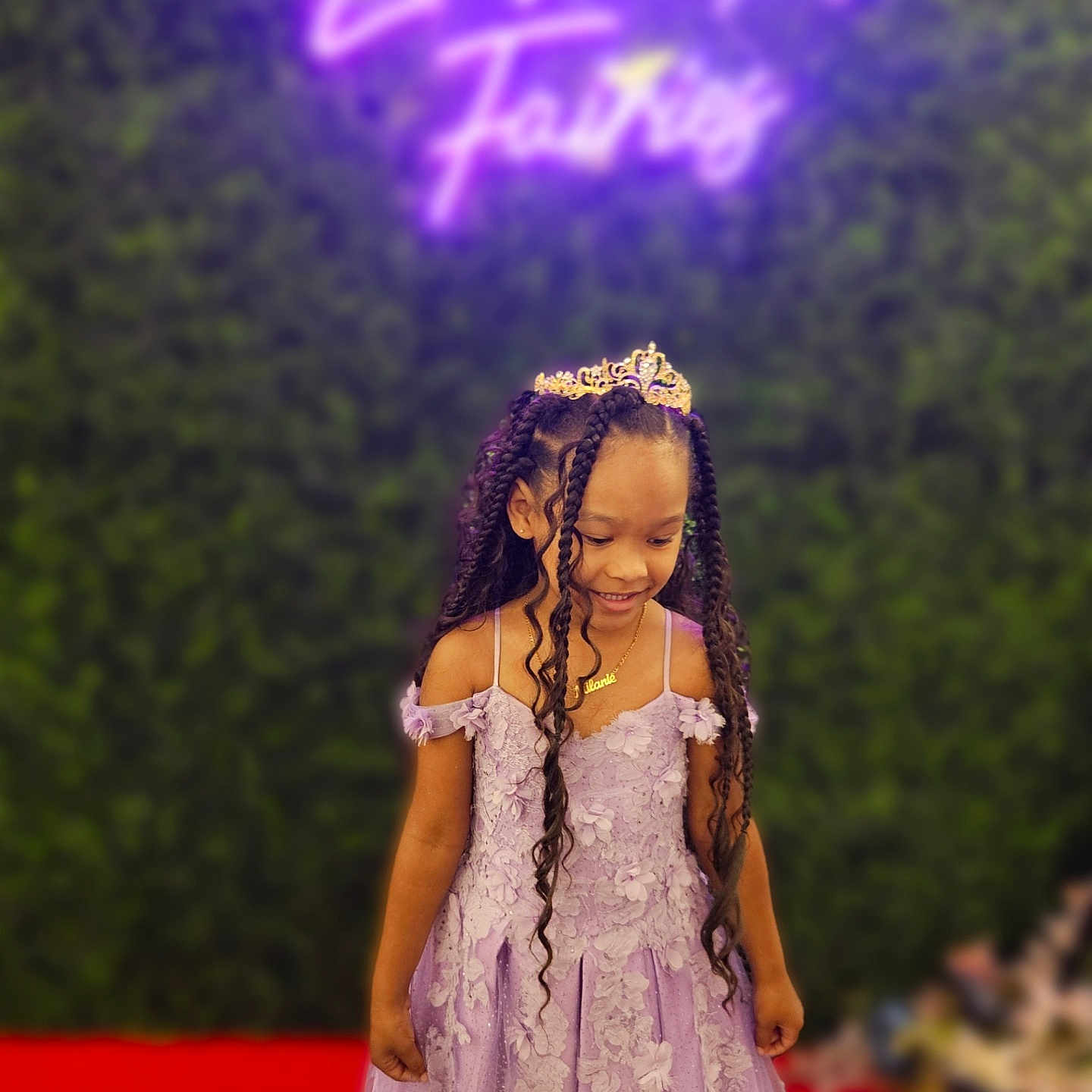 Milanie is registered to the contest to win money with this photo: braids, celebration, child, cute, dress, event, fashion, girl, green_background, happy, indoor, lavender, neon_sign, portrait, princess, red_carpet, smile, standing, tiara, young