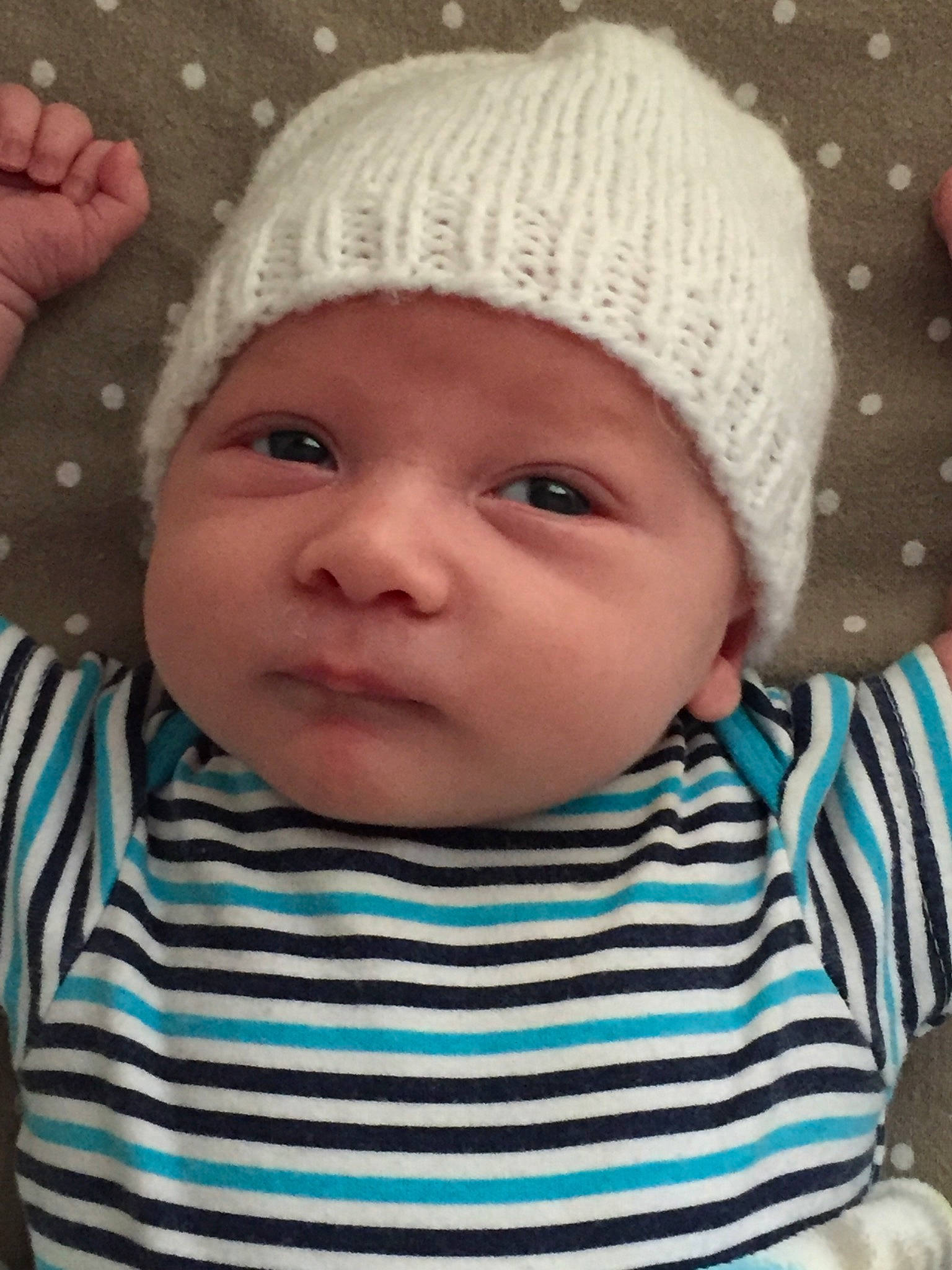 Fisher joined the competition — help win amazing prizes! baby, beanie, bonnet, cheek, child, close_up, clothing, cool, eye, face, head, headgear, headwear, knit_cap, knitting, lip, nose, person, skin, smile