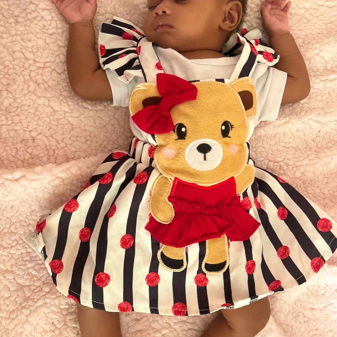 Poem joined the competition — help win amazing prizes! adorable, baby, child, clothing, cozy, cute, dress, indoors, infant, lying_down, peaceful, polka_dots, portrait, red_bow, red_socks, rest, sleeping, soft_blanket, striped_dress, teddy_bear
