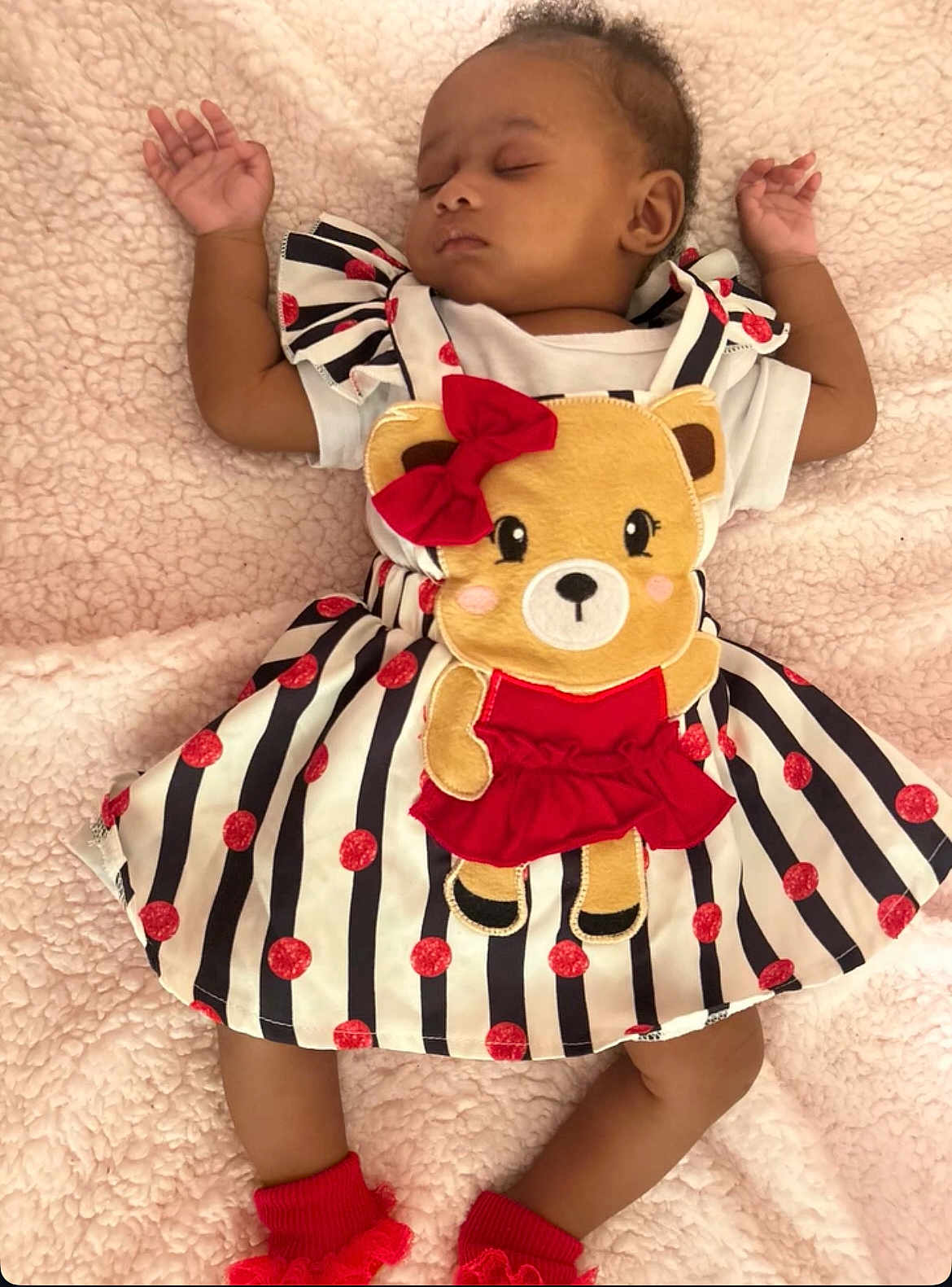 Poem joined the competition — help win amazing prizes! baby, sleeping, infant, dress, teddy_bear, red_bow, red_socks, polka_dots, striped_dress, soft_blanket, cute, peaceful, child, portrait, indoors, rest, adorable, clothing, lying_down, cozy