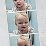 baby, blue_eyes, bow, child, closeup, cute, dress, expression, face, hair_accessory, happy, indoor, infant, light_background, patterned_clothing, person, photo_strip, photography, portrait, smiling