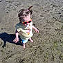 toddler, child, sunglasses, beach, sand, water, barefoot, yellow_shirt, shorts, pacifier, hair_tie, seaweed, sunny, outdoor, summer, exploring, shadow, cute, playful, casual_clothing