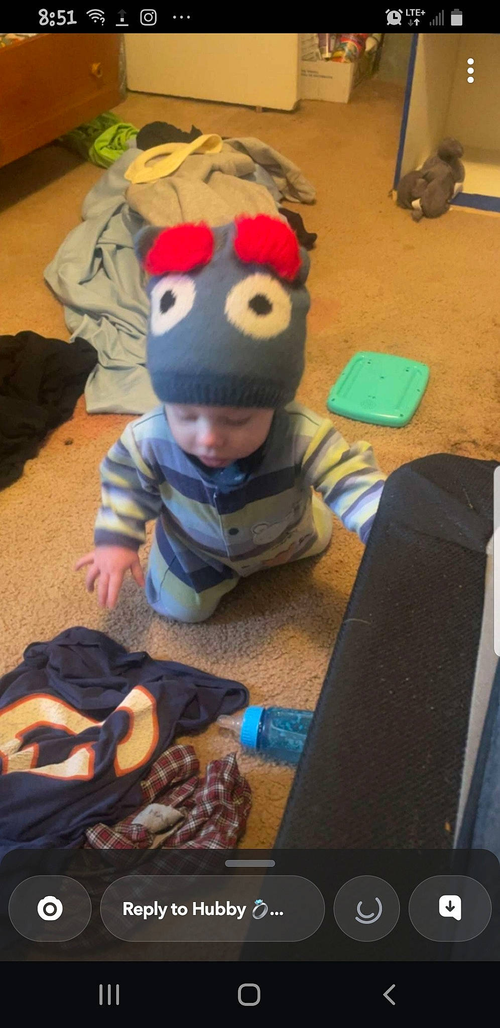 Lucas joined the competition — help win amazing prizes! baby, cap, child, comfort, flooring, fun, fur, headwear, mammal, person, play, plush, room, sitting, stuffed_toy, textile, toddler, vertebrate, wood