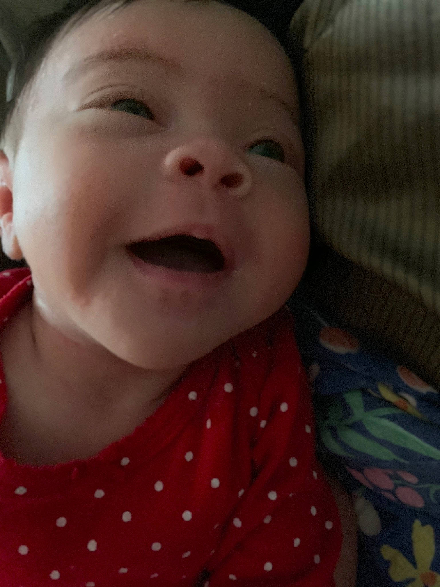 Anyla is registered to the contest to win money with this photo: baby, baby_making_funny_faces, cheek, child, chin, close_up, eye, face, facial_expression, happy, head, laugh, lip, mouth, nose, pattern, person, skin, smile, toddler