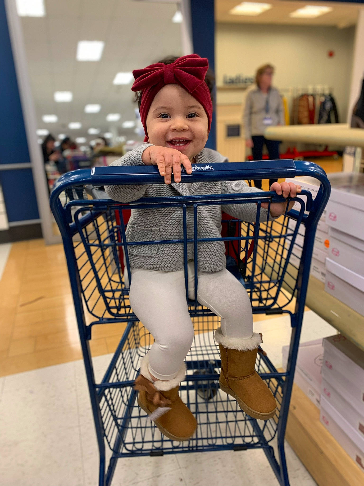 Aaliyah is registered to the contest to win money with this photo: baby, cap, chair, child, joy, person, product, shopping, shopping_cart, supermarket, toddler, vehicle
