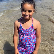 Royda participe au concours pour gagner de l'argent avec cette photo : child, girl, swimsuit, beach, water, smile, sunny, hair_bun, sand, waves, outdoor, summer, vacation, playful, happy, shore, nature, person, feet_in_water, holiday