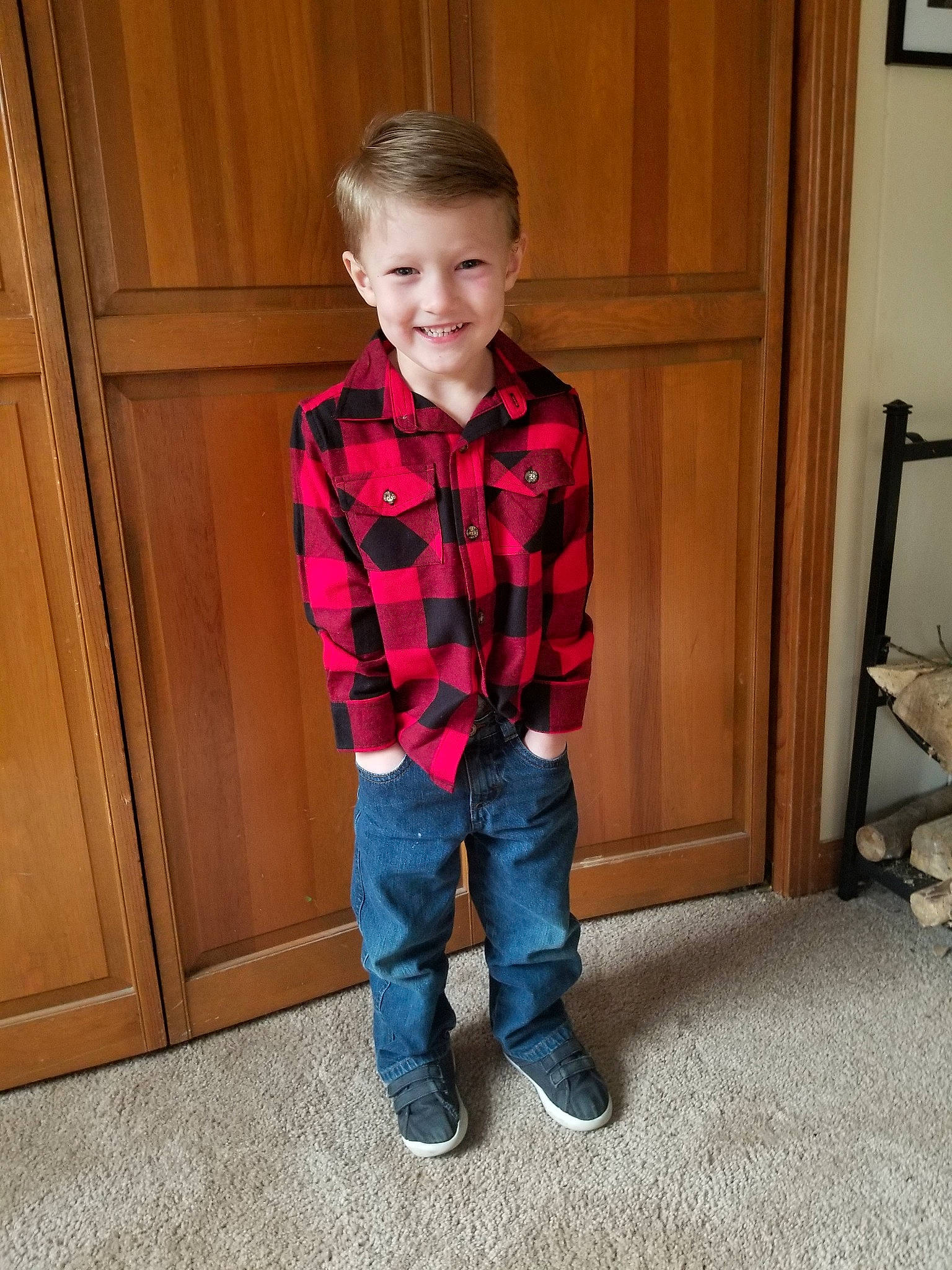 Greyson joined the competition — help win amazing prizes! child, child_model, clothing, denim, design, footwear, jeans, joy, leg, outerwear, pattern, person, plaid, shoe, sitting, sleeve, standing, t_shirt, tartan, textile