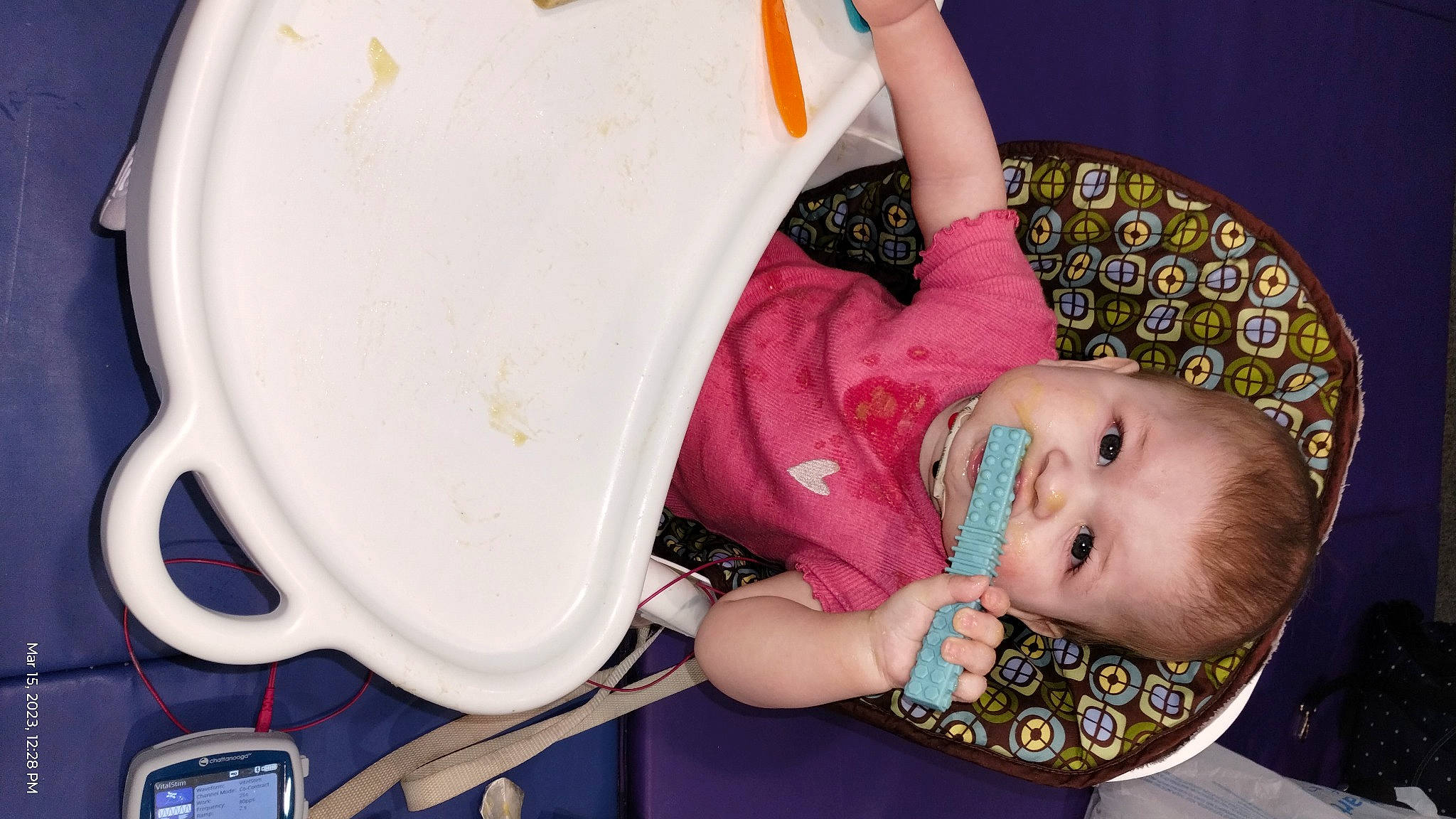 Wrenlee is registered to the contest to win money with this photo: baby, baby_products, baby_safety, baby_toddler_clothing, child, comfort, dishware, drinkware, fun, happy, magenta, mobile_phone, pattern, person, plastic, play, room, serveware, sitting, tableware