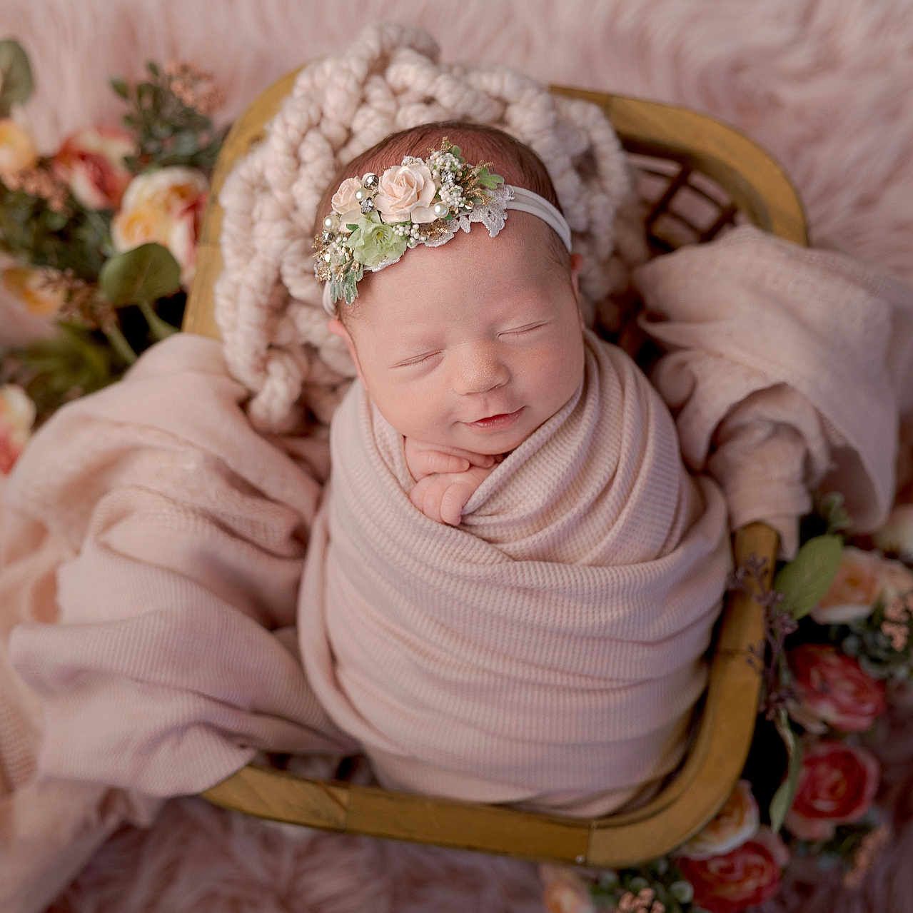 Olivia joined the competition — help win amazing prizes! baby, basket, blanket, closeup, cozy, cute, decor, fabric, floral, flower, headband, infant, newborn, peaceful, pink, portrait, resting, sleeping, soft, wrapped