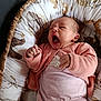 baby, infant, yawning, pink_clothing, cardigan, cozy, cushion, animal_print, soft, nest, newborn, cute, sleepy, indoor, portrait, child, human, furniture, relaxing, resting