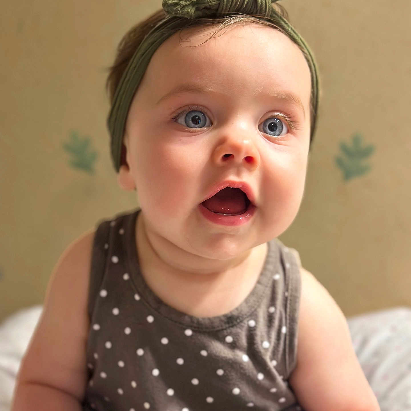 Lily-Rose participe au concours pour gagner de l'argent avec cette photo : baby, background, blue_eyes, child, clothing, cute, dress, expression, face, happy, headband, indoor, infant, person, polka_dot, portrait, sitting, skin, soft_light, young