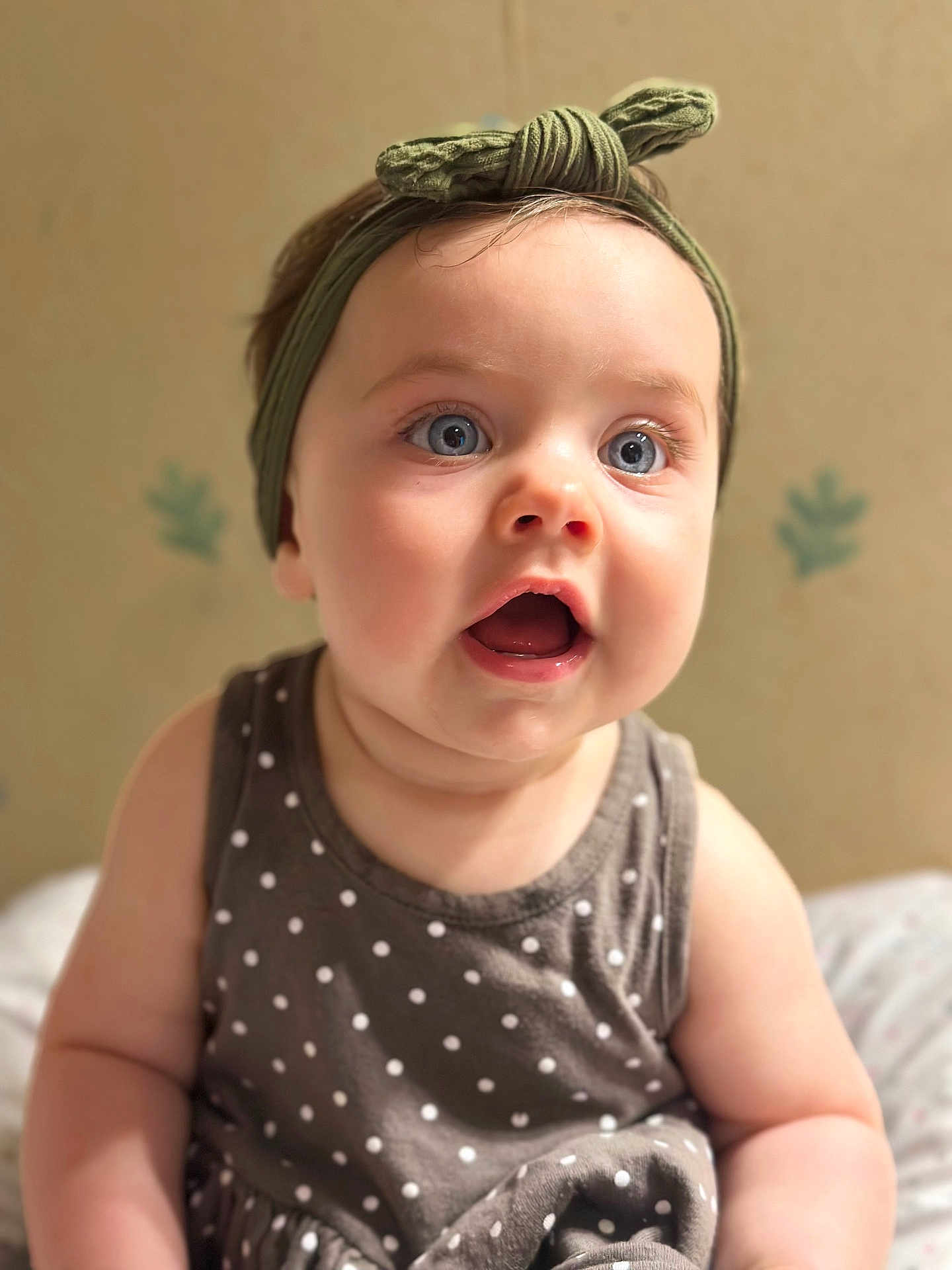 Lily-Rose participe au concours pour gagner de l'argent avec cette photo : baby, child, face, headband, polka_dot, dress, sitting, blue_eyes, expression, indoor, soft_light, skin, infant, cute, young, person, portrait, clothing, background, happy