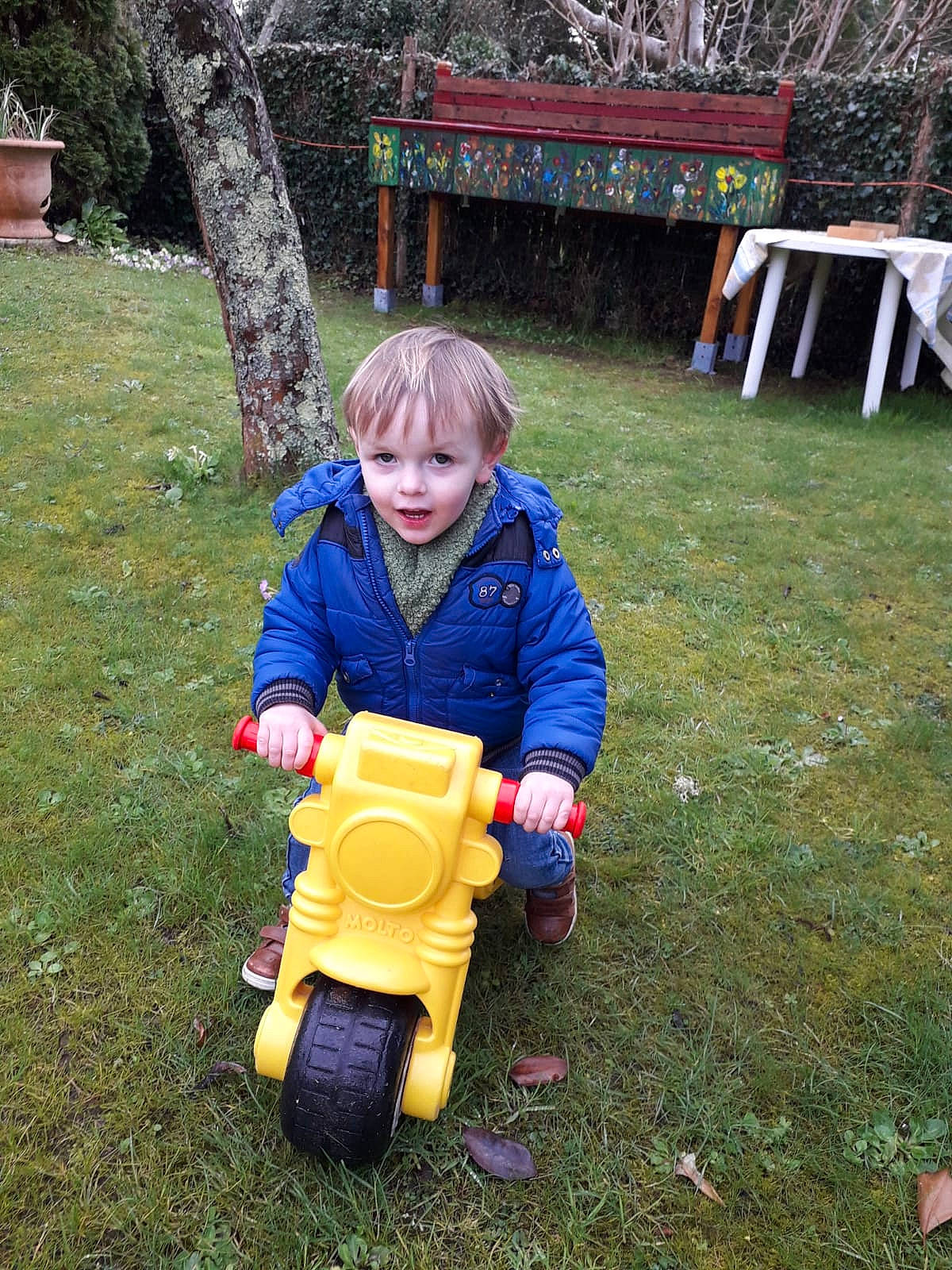 élouan a rejoint le concours — aidez-le/la à gagner de superbes lots ! baby_toddler_clothing, face, grass, head, jacket, lawn, leisure, outerwear, people_in_nature, person, plant, recreation, riding_toy, rolling, sitting, tire, toddler, tree, vehicle, wheel