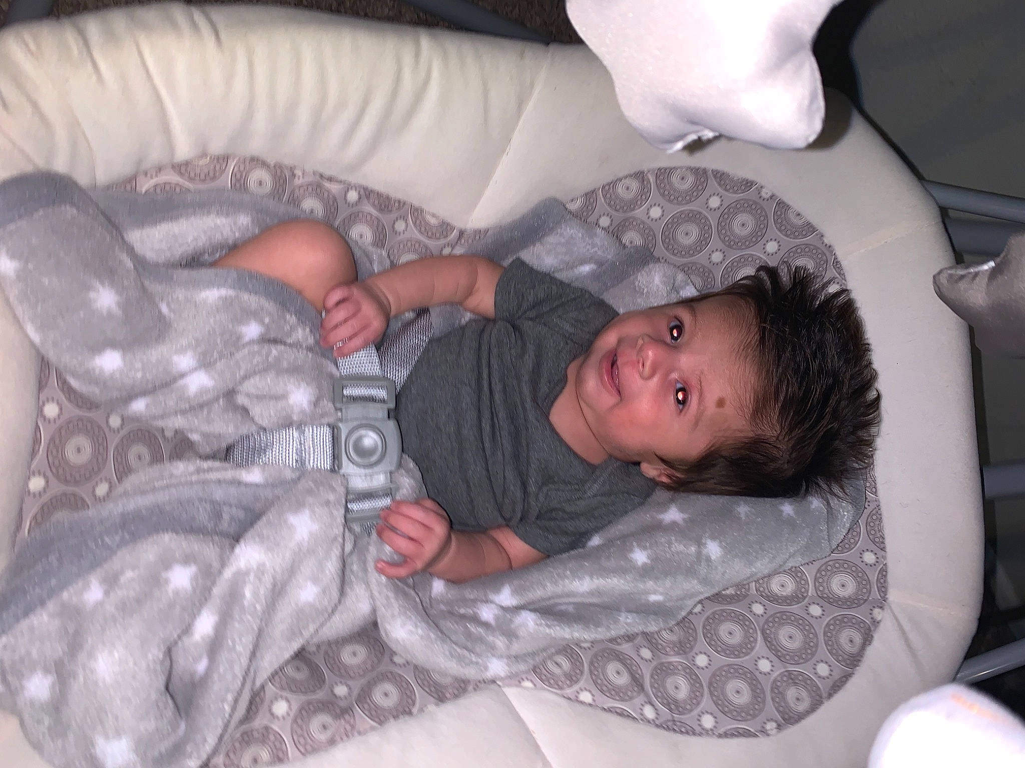 Apollo Galvan is registered to the contest to win money with this photo: arm, baby, baby_products, baby_toddler_clothing, beauty, bedtime, child, comfort, couch, fun, hairstyle, linens, mouth, people, person, product, room, sitting, textile, toddler