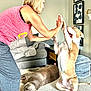 adult, animal, canine, clothing, couch, dog, face, female, fitness, furniture, head, hound, jeans, pants, person, pet, pilates, sport, woman, workingout