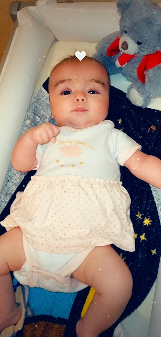 Kessie participe au concours pour gagner de l'argent avec cette photo : baby, baby_toddler_clothing, blue, cheek, child, dress, face, finger, hand, iris, lip, neck, one_piece_garment, organ, person, pink, skin, sleeve, textile, toddler